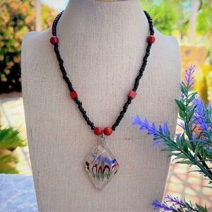 Vintage Art Glass & Genuine Red Jasper Stone Seed Bead Choker Necklace